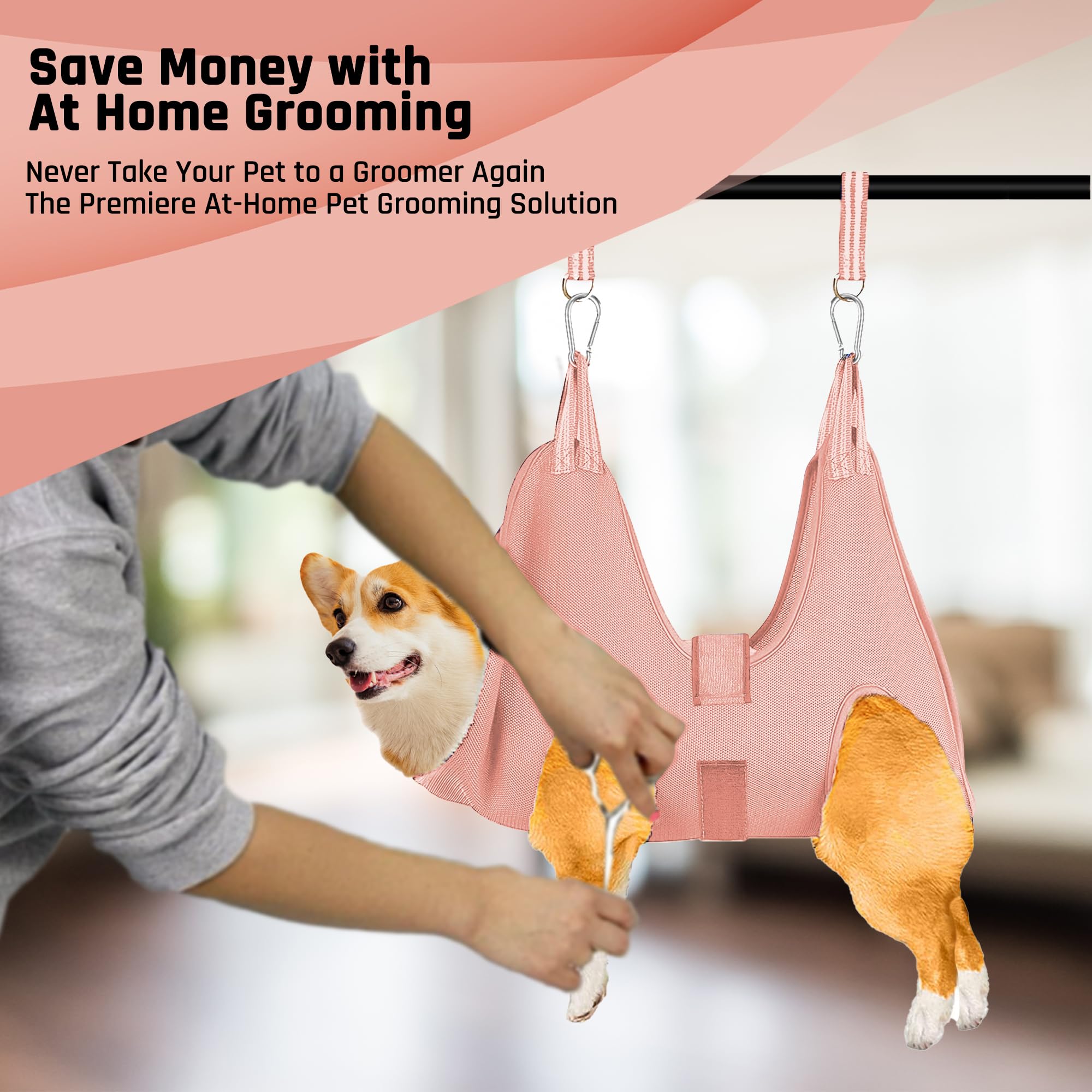 Potens' Pet grooming hammock helps a dog stay relaxed during grooming.