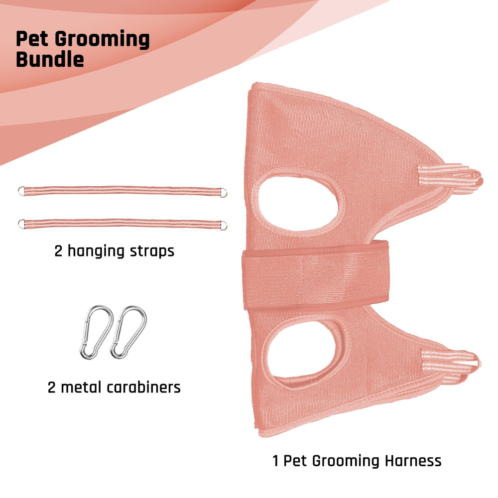 Potens' Pet grooming hammock with safety strap keeps the dog secure during grooming.