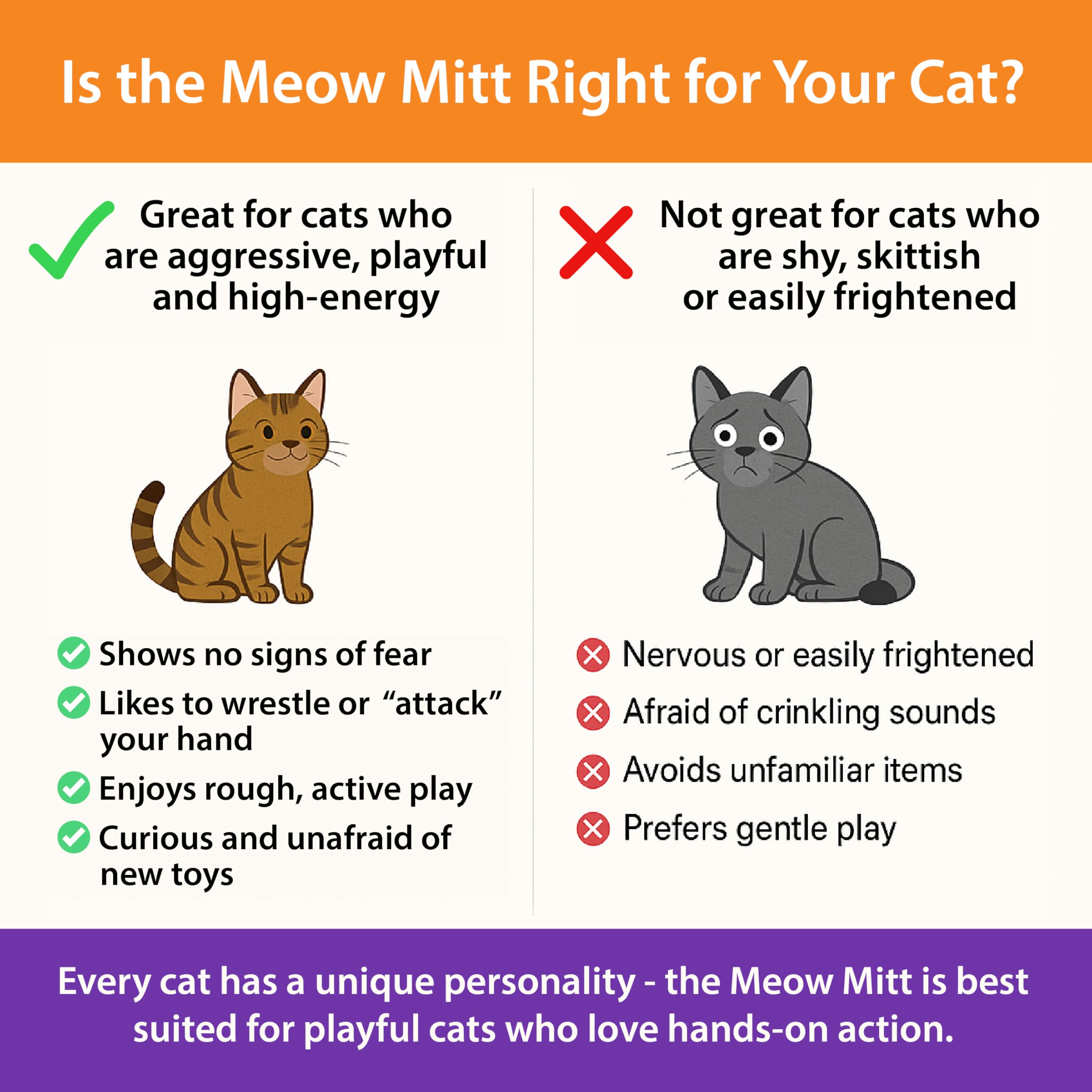 Pounce & Purr Meow Mitt crinkle sounds stimulate hunting instincts during play.