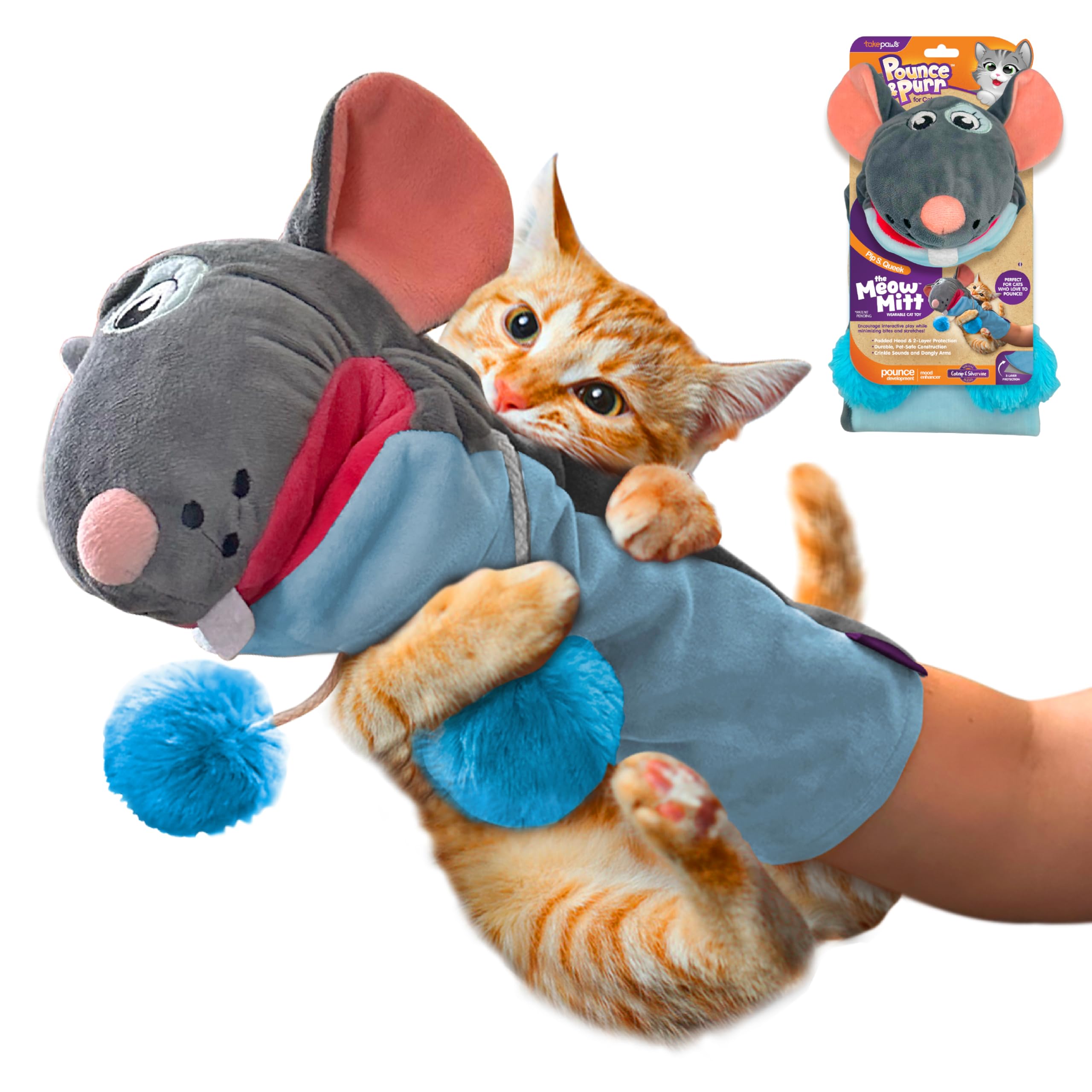 Pounce & Purr Meow Mitt worn on hand for bonding play with Pip S. Queek and catnip attract.