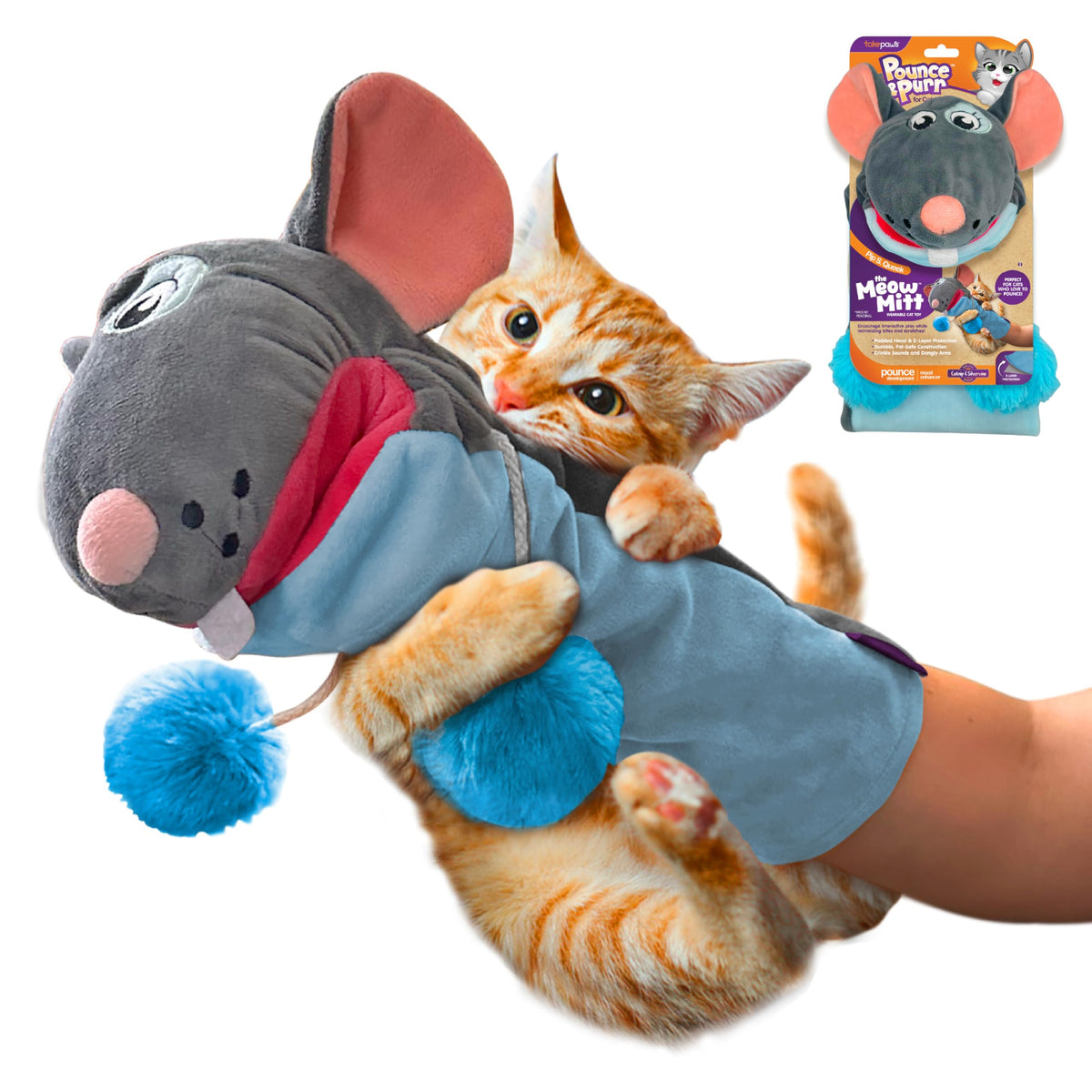 Pounce & Purr Meow Mitt worn on hand for bonding play with Pip S. Queek and catnip attract.
