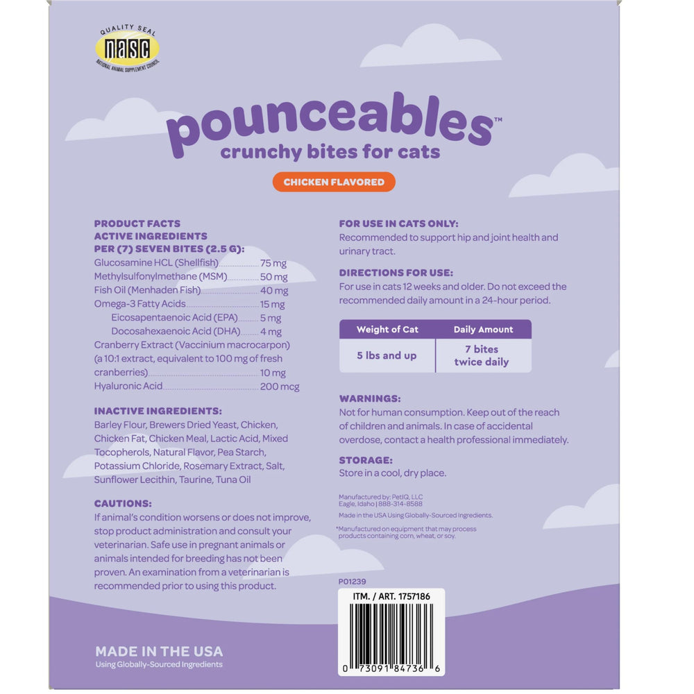 Pounceables Crunchy Cat Treats bag hip and joint focus for everyday feline activity.