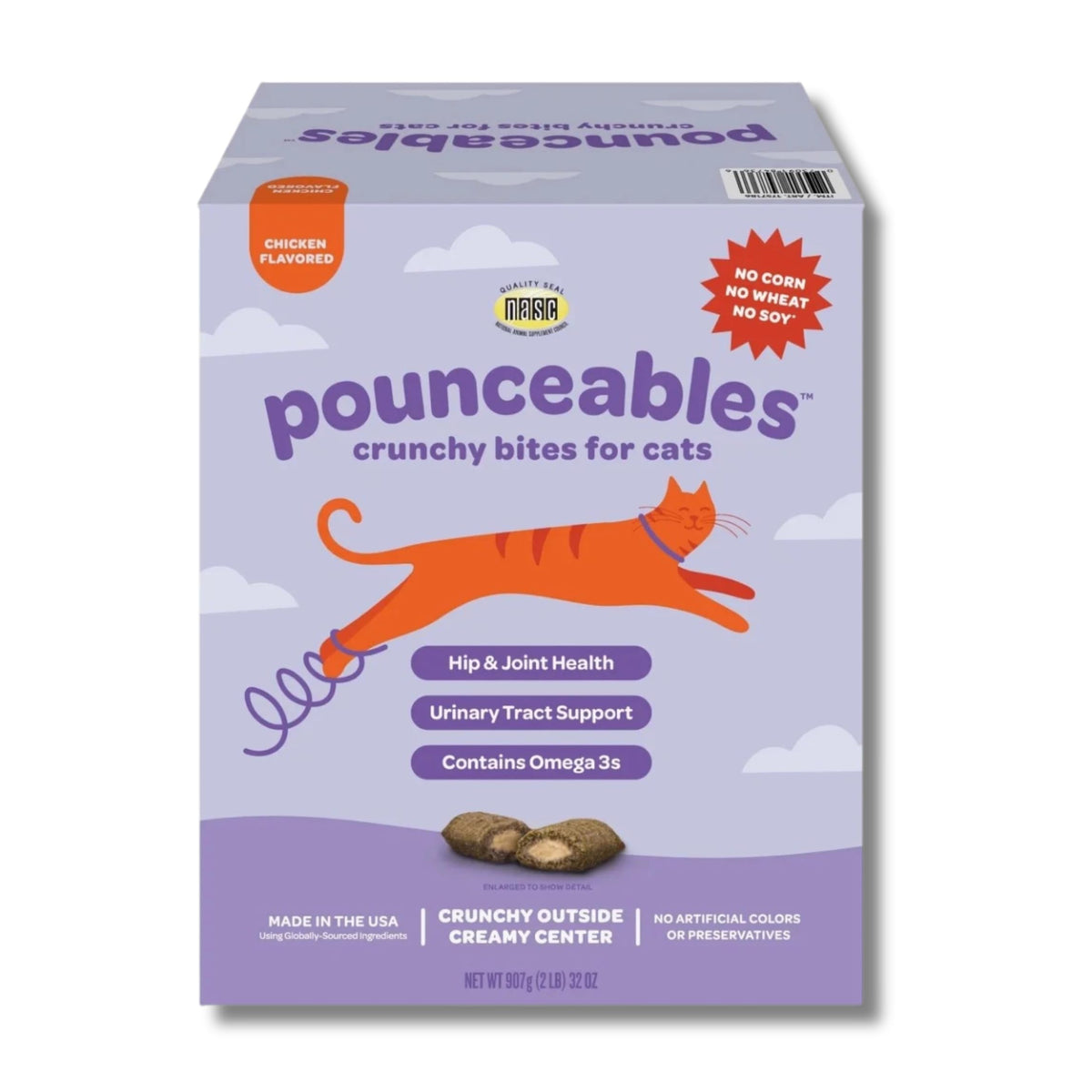 Pounceables Crunchy Cat Treats box front shows chicken flavor and inviting crunch for daily treat time.
