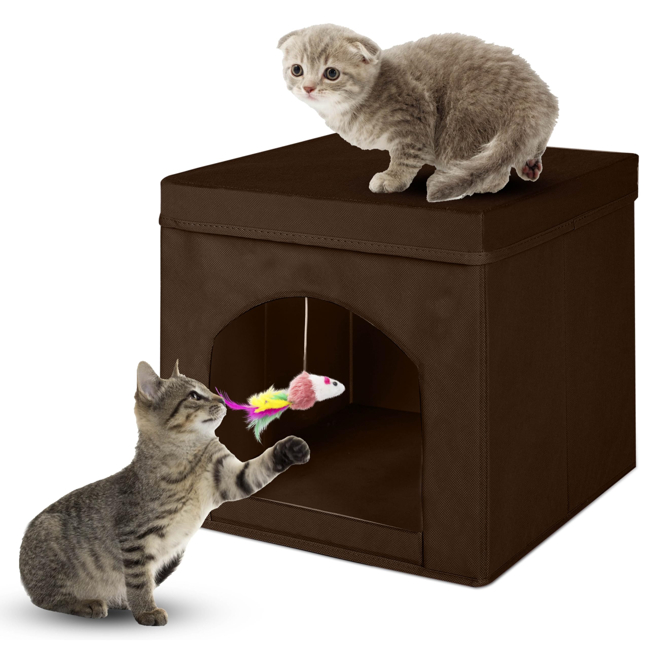 PowerKing collapsible cat bed closed brown for compact storage.