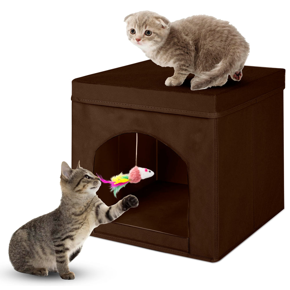 PowerKing collapsible cat bed closed brown for compact storage.