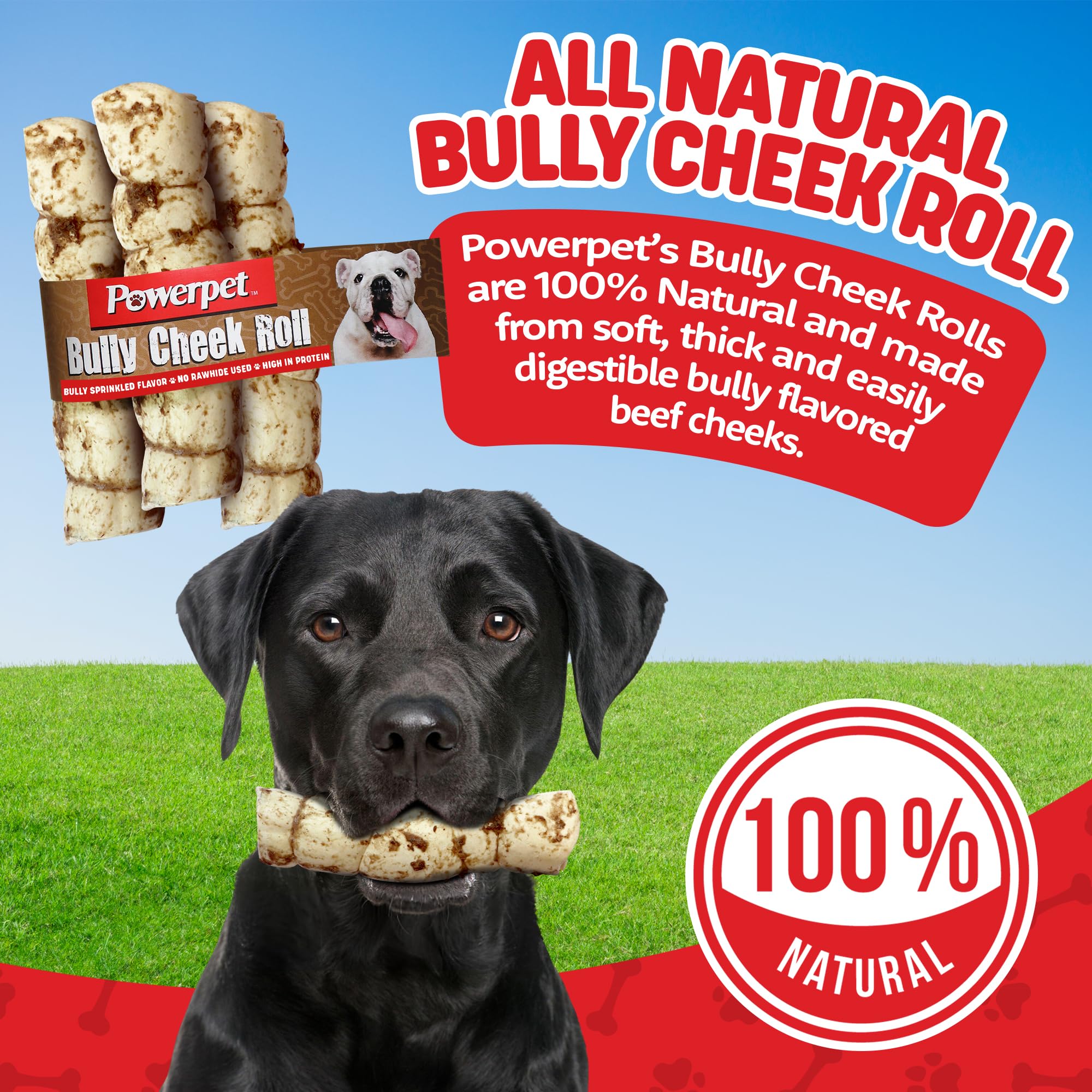Powerpet Bully Beef Cheek Rolls soft thick chew closeup promotes long-lasting chew.