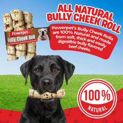 Powerpet Bully Beef Cheek Rolls soft thick chew closeup promotes long-lasting chew.