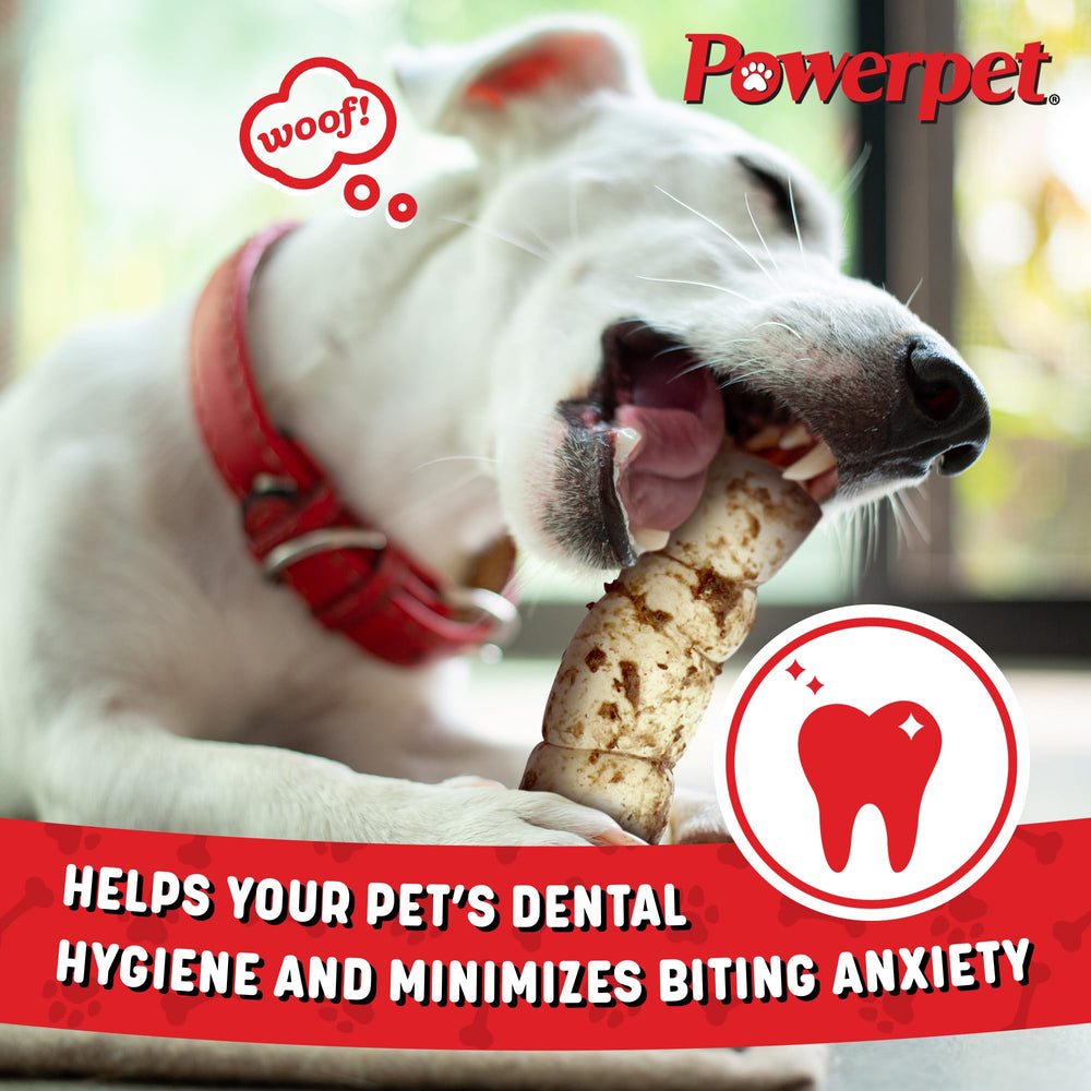 Powerpet No Artificial Additives claim closeup conveys wholesome chew option.