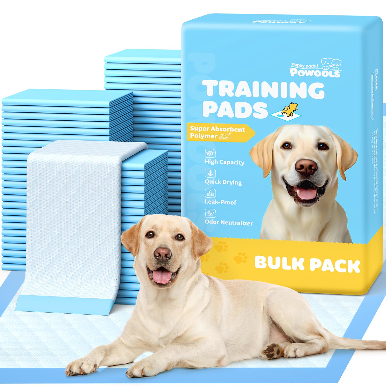 Powools 100-pack X-Large Puppy Pads provide a large training surface for indoor potty training.