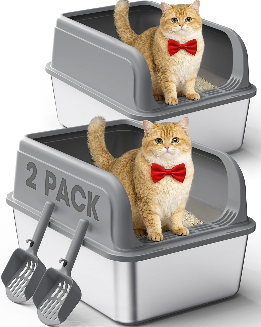 Powools 2-pack stainless steel litter boxes with scoops for easy scooping.