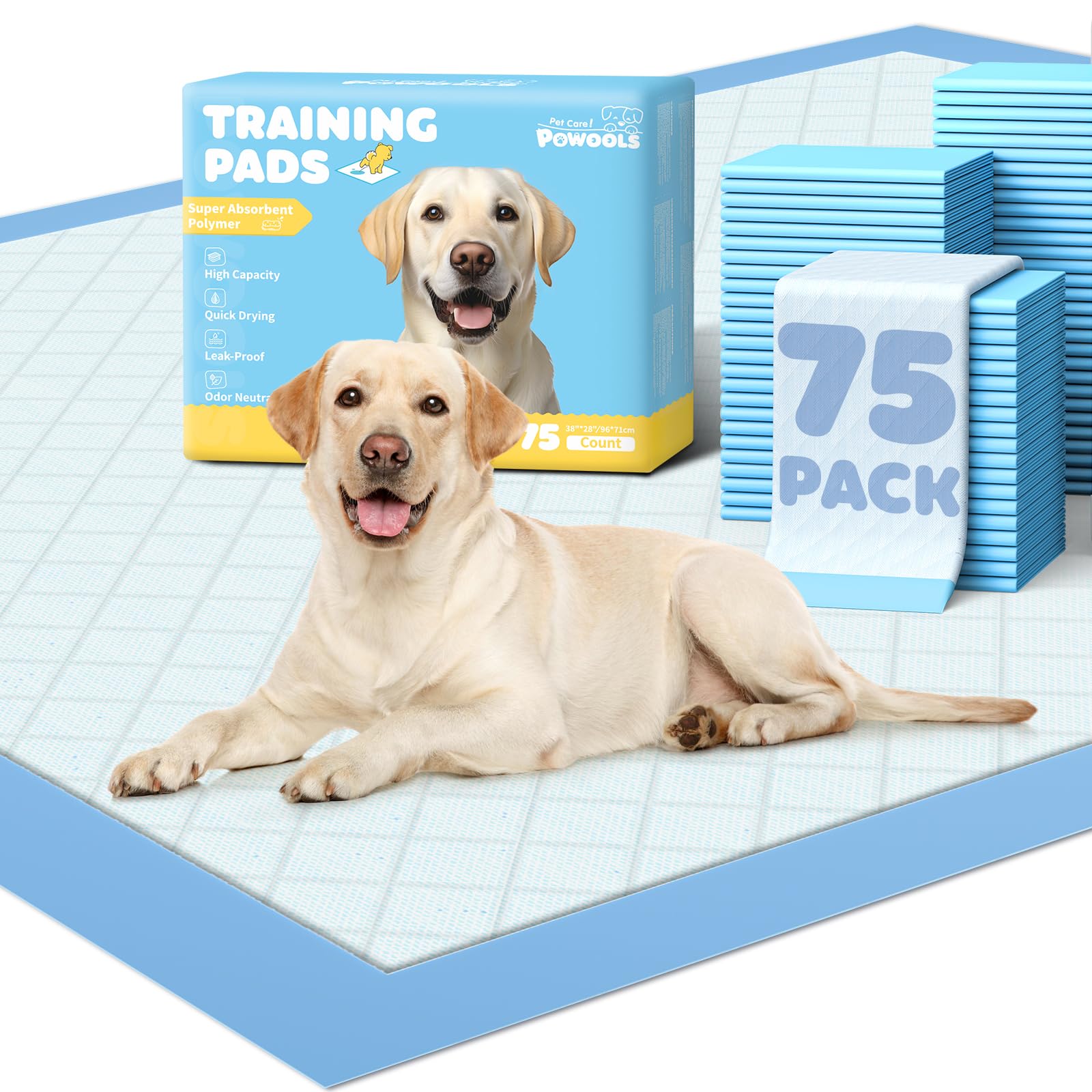 Powools 75-pack XX-Large Puppy Pads package for bulk training value.