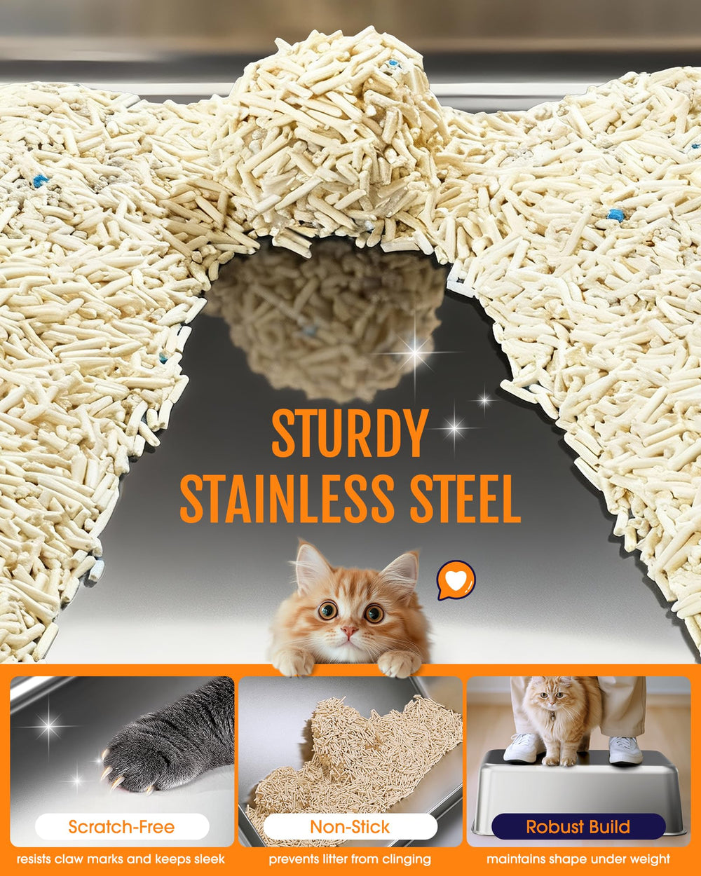 Powools elevated step board helps capture litter from paws.