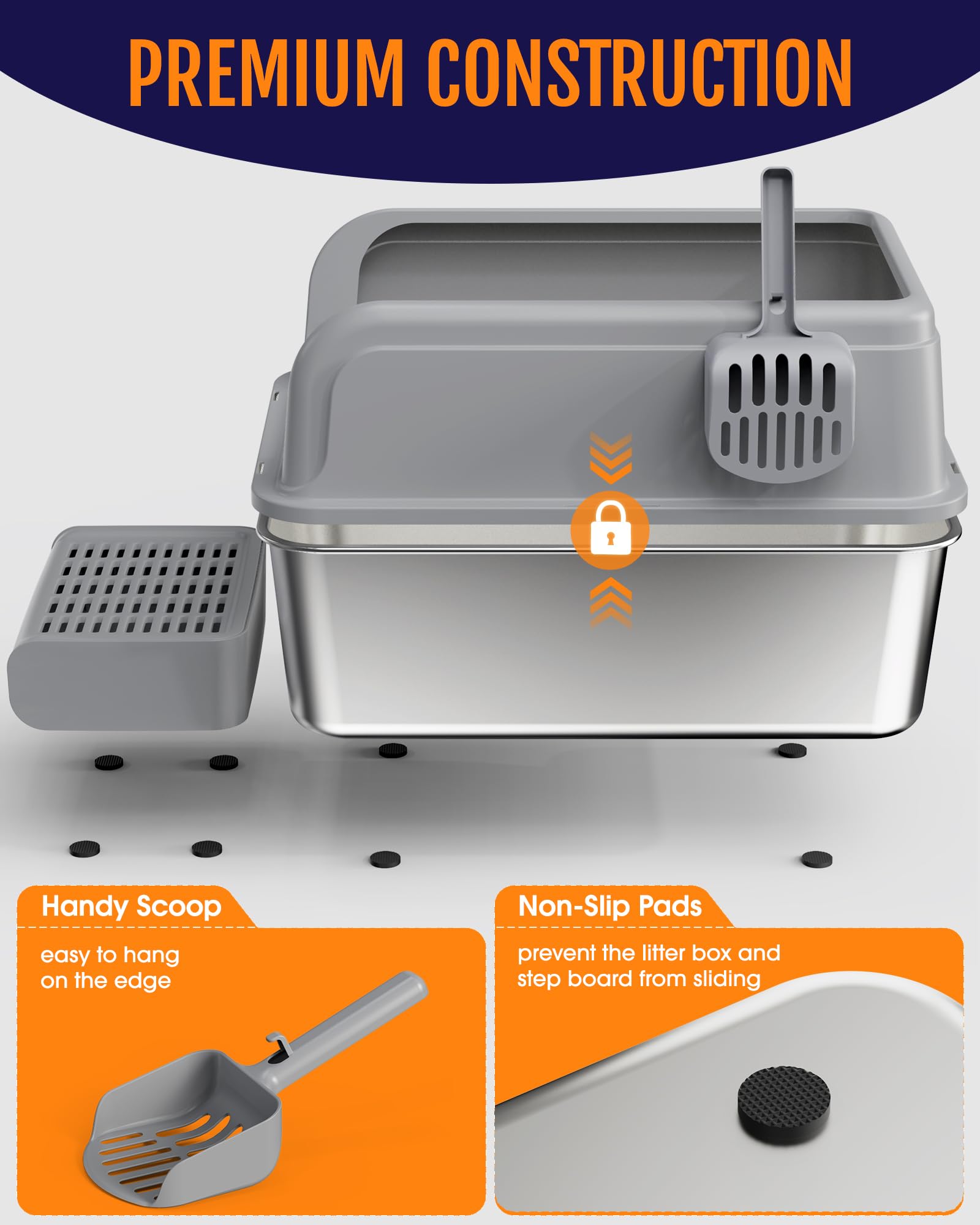 Powools Cat Litter Box stainless-steel body offers durability and sleek, hygienic appeal.