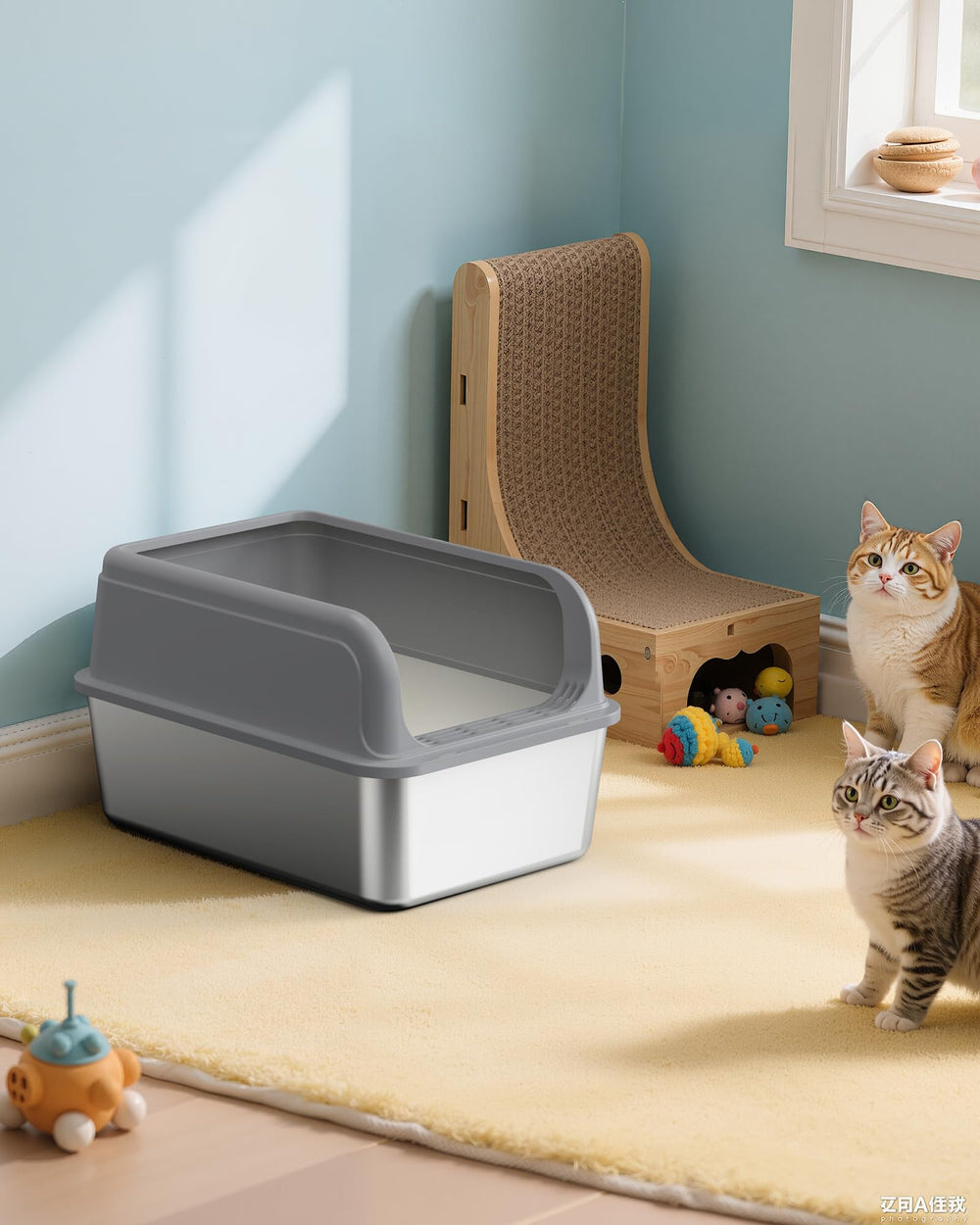 Powools grey metal litter box emphasizes durability and rust-resistance.