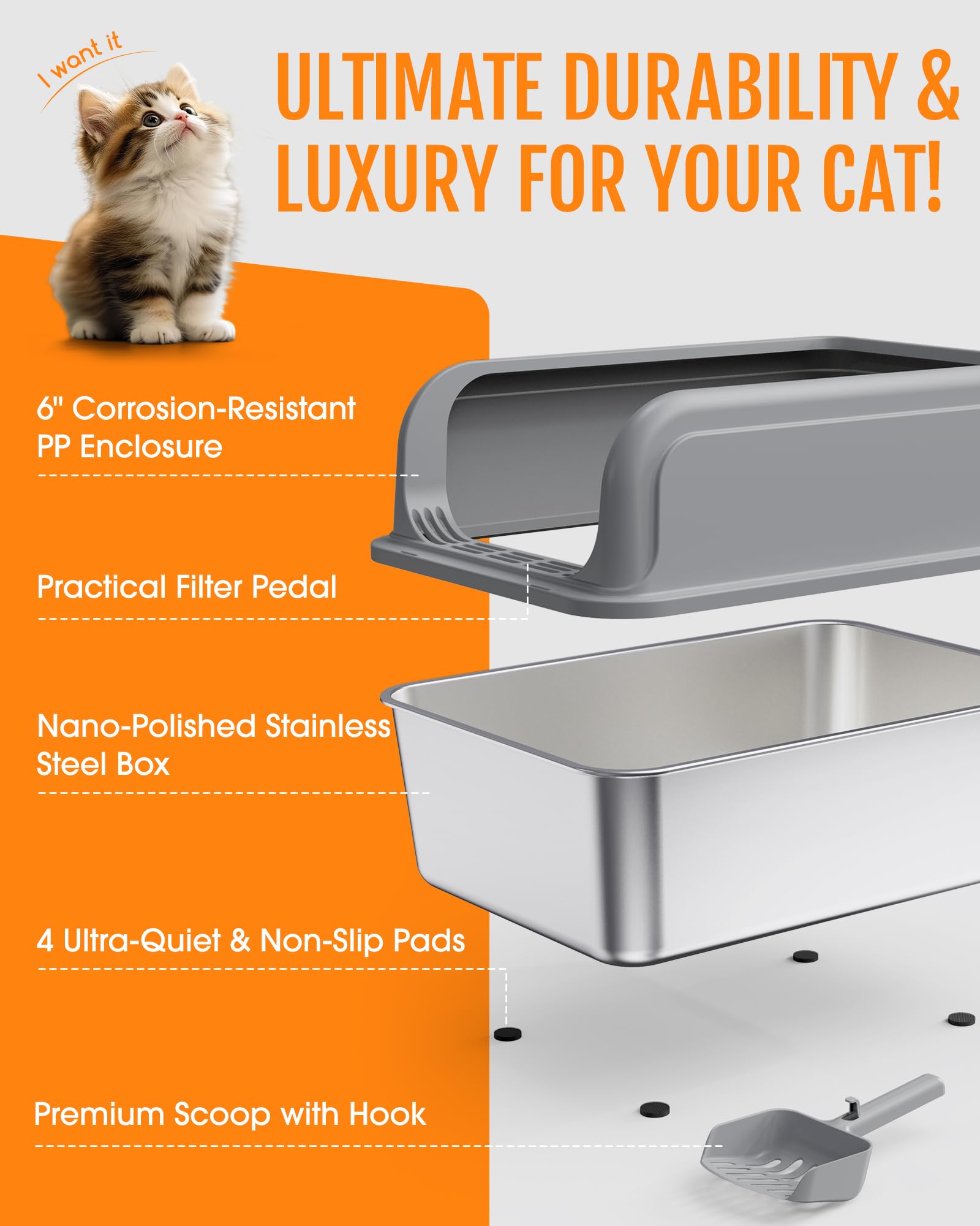 Powools stainless steel litter box with secure overlap buckle reduces spills during daily use.