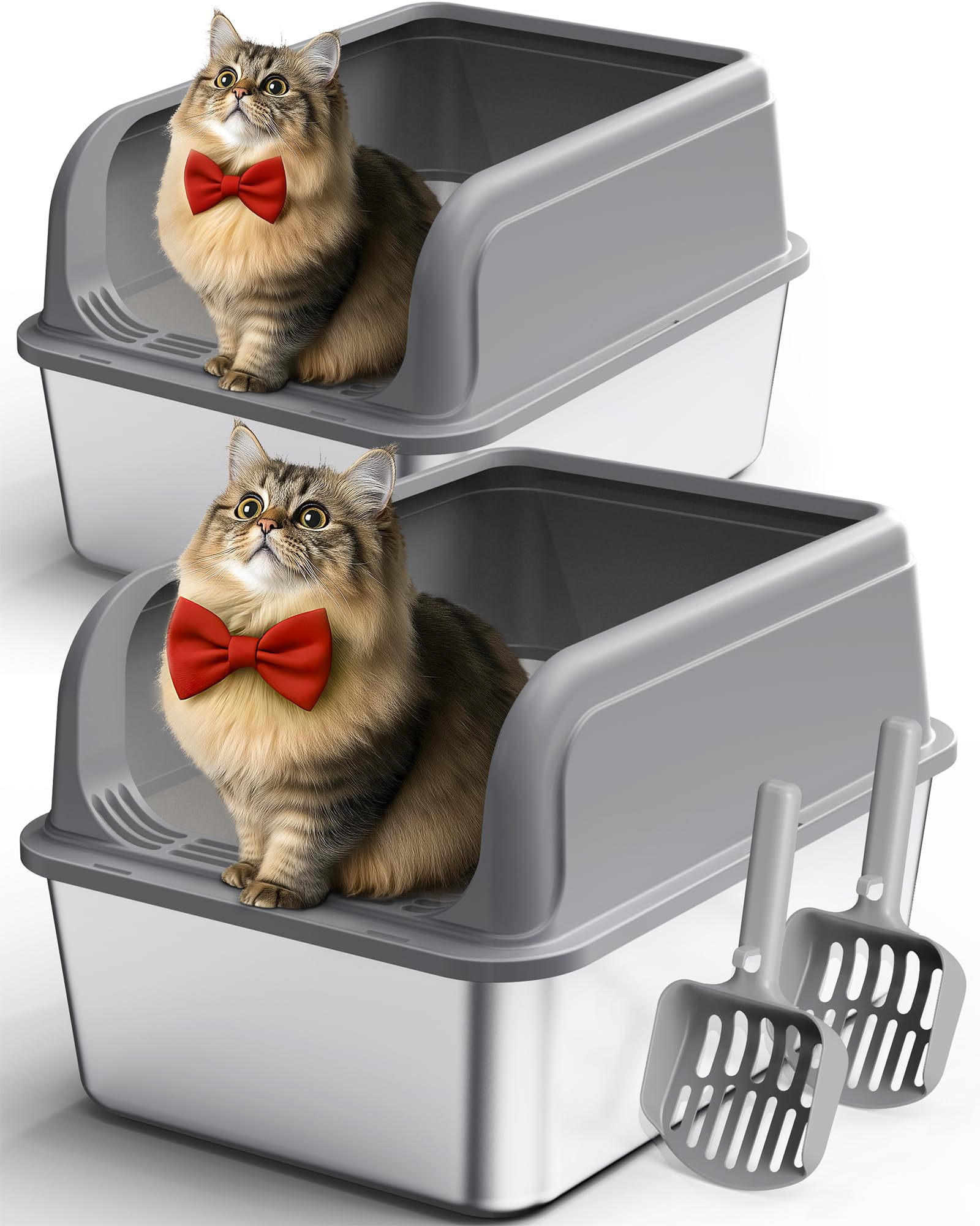Powools stainless steel cat litter box top-entry design enhances containment and easy cleaning.