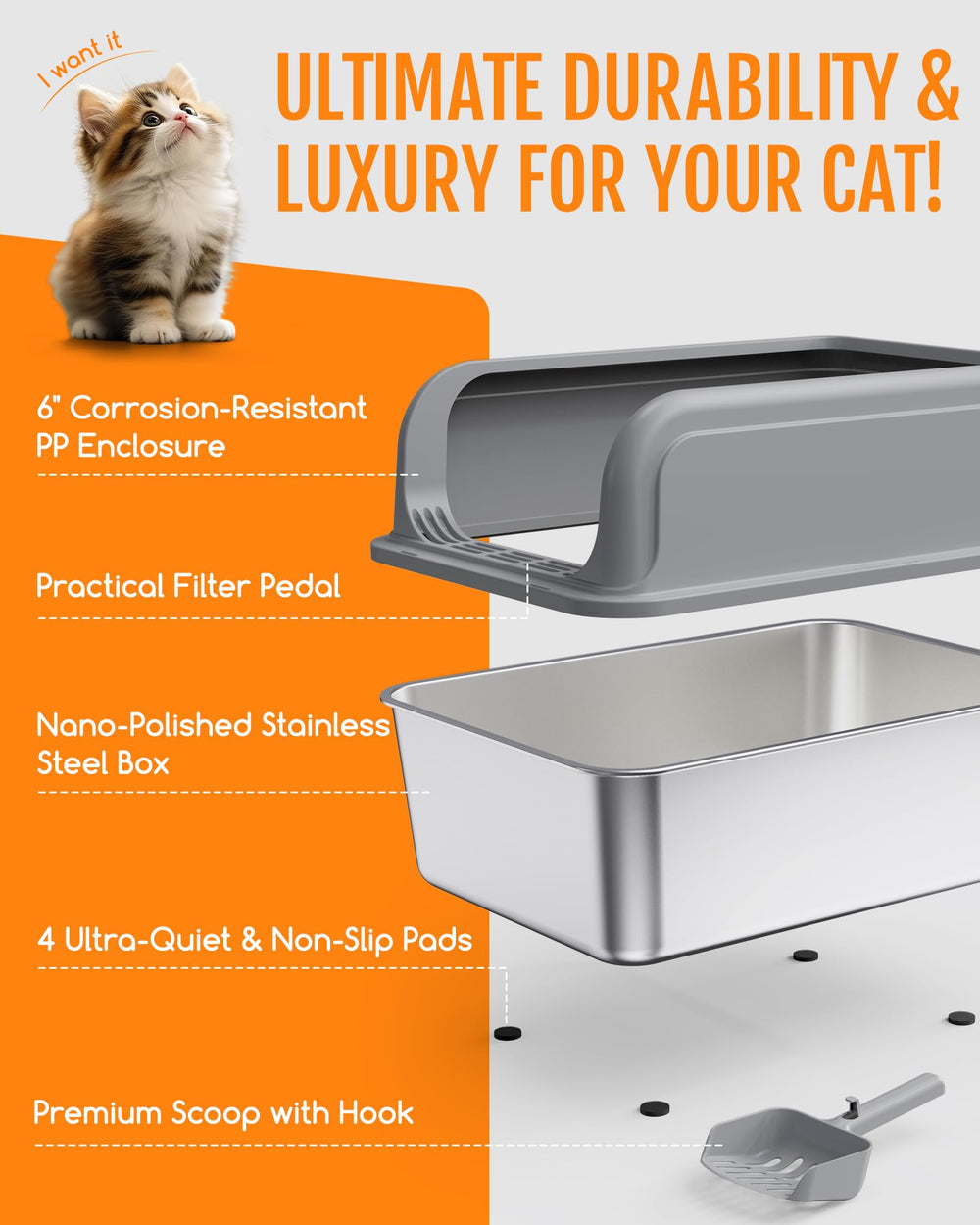Powools stainless steel cat litter box lid with smooth interior for quick wipe-downs
