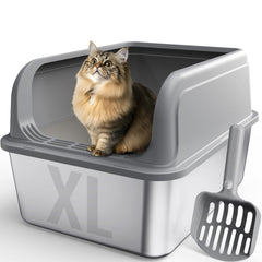 Powools stainless steel cat litter box with top entry for easier access and cleanliness.