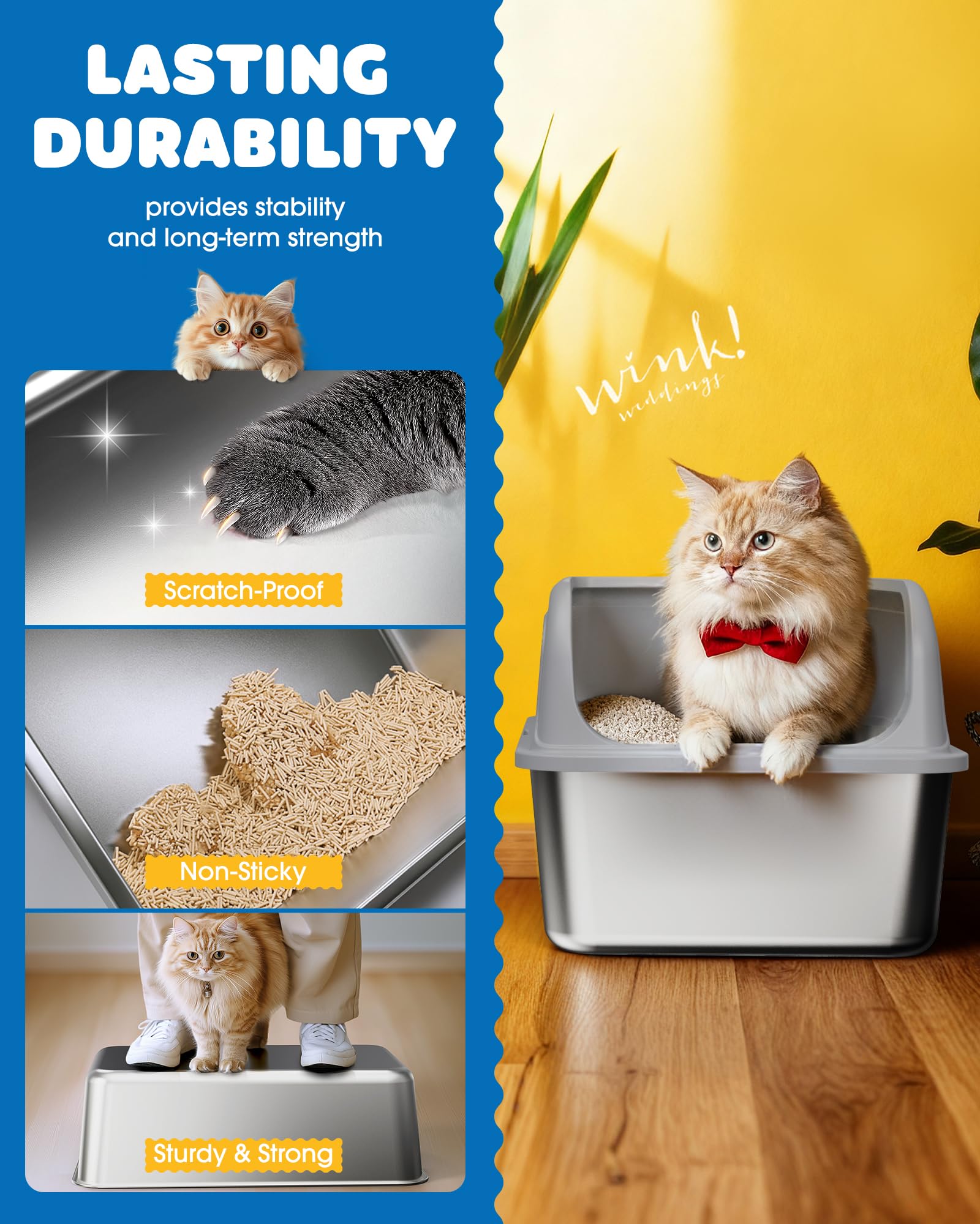 Powools stainless steel litter box with 11-inch high walls containment.