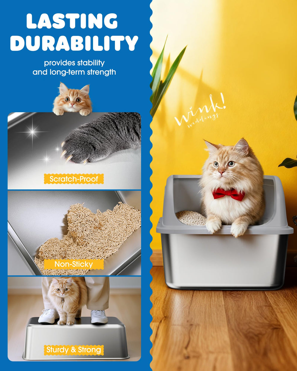 Powools stainless steel litter box with 11-inch high walls containment.