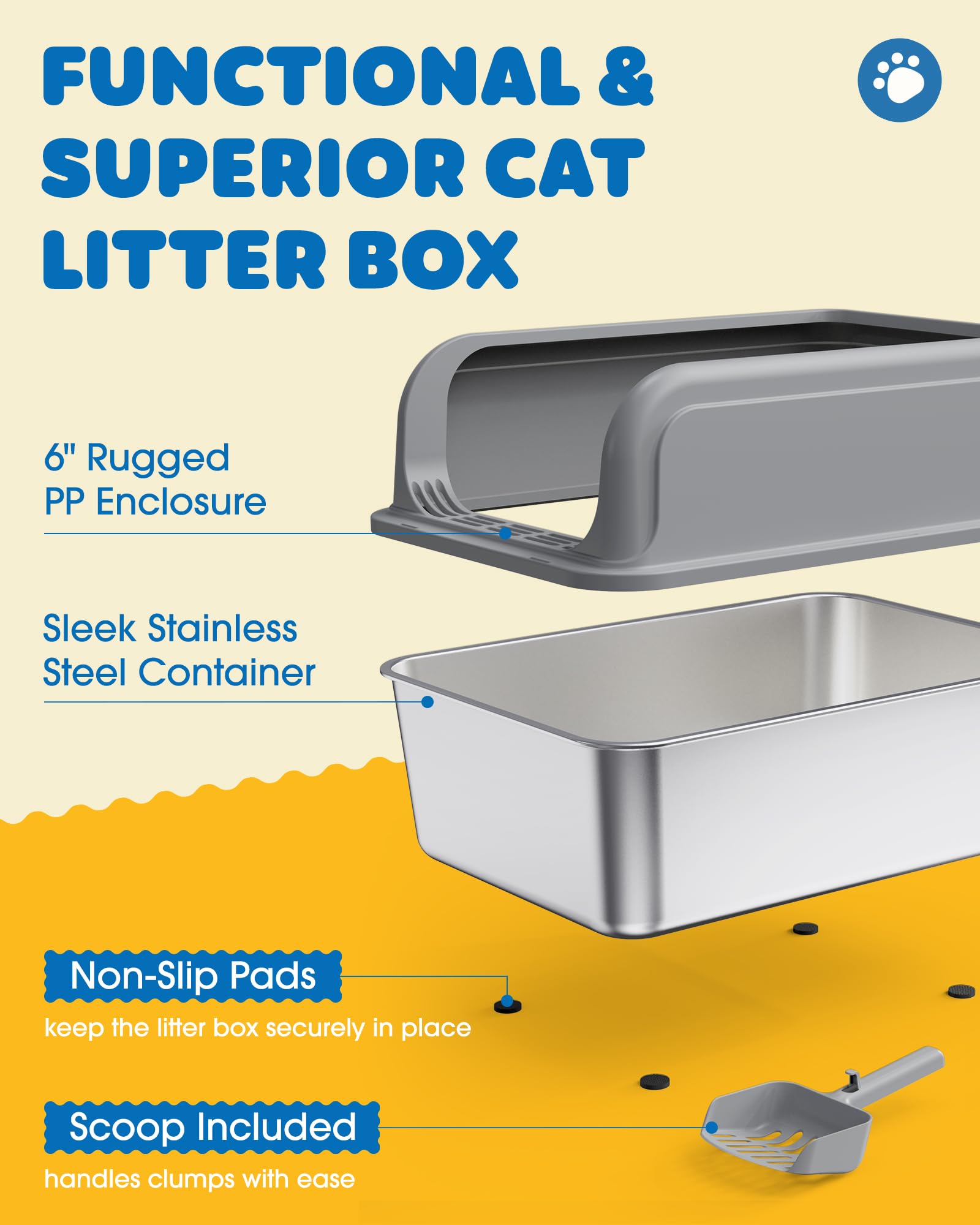 Powools top-entry litter box with perforated step for litter control.