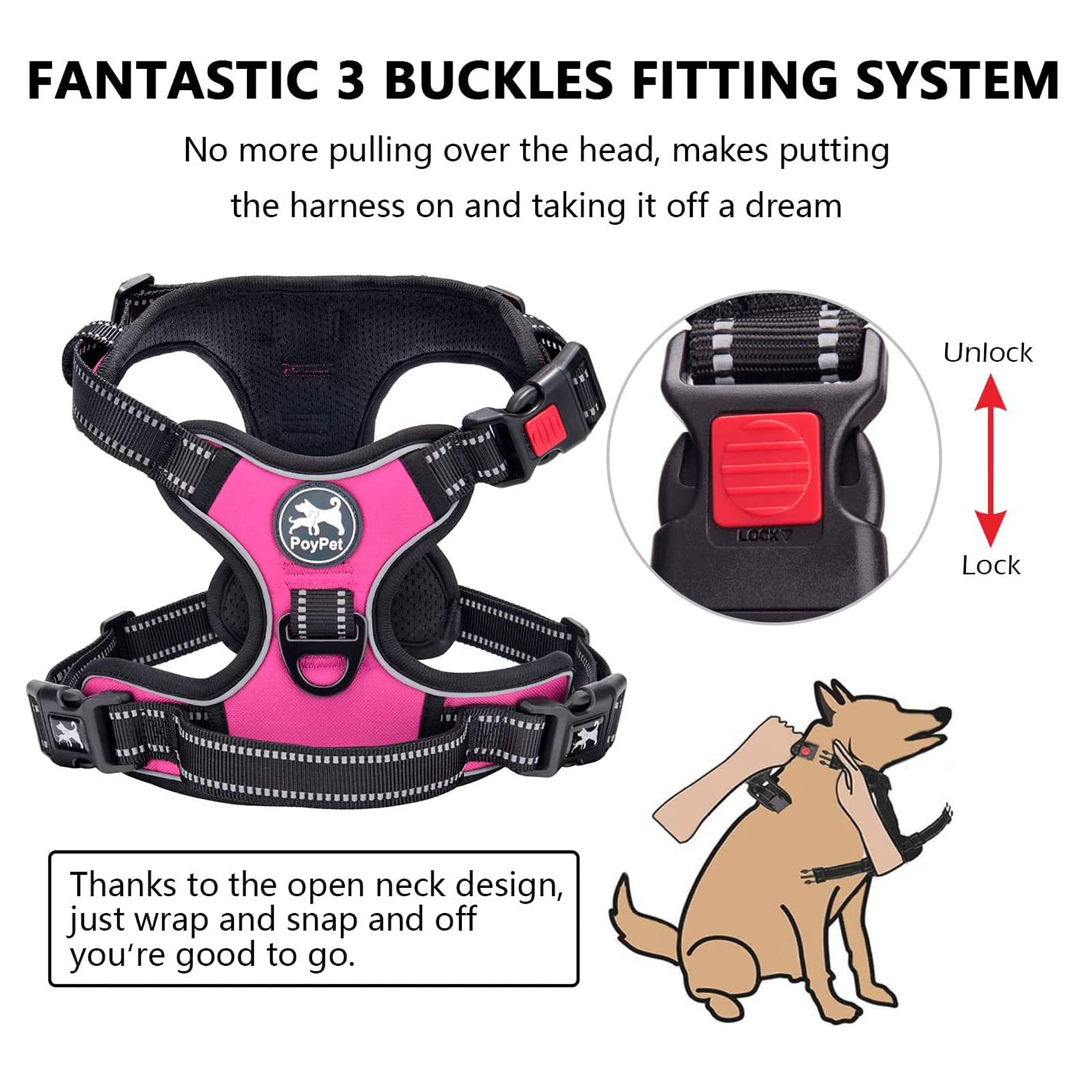 PoyPet front-clip dog harness pink with secure front attachment.