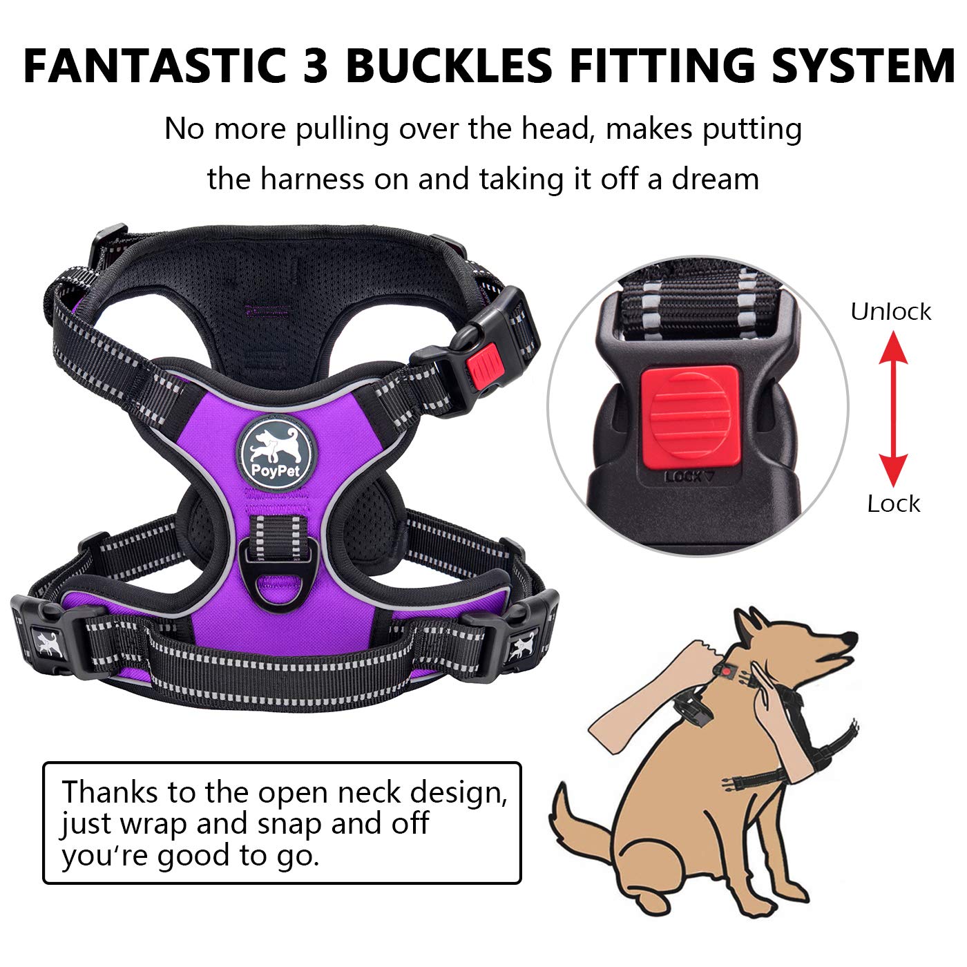 PoyPet No Pull Harness back attachment close-up shows back clip for relaxed walks.