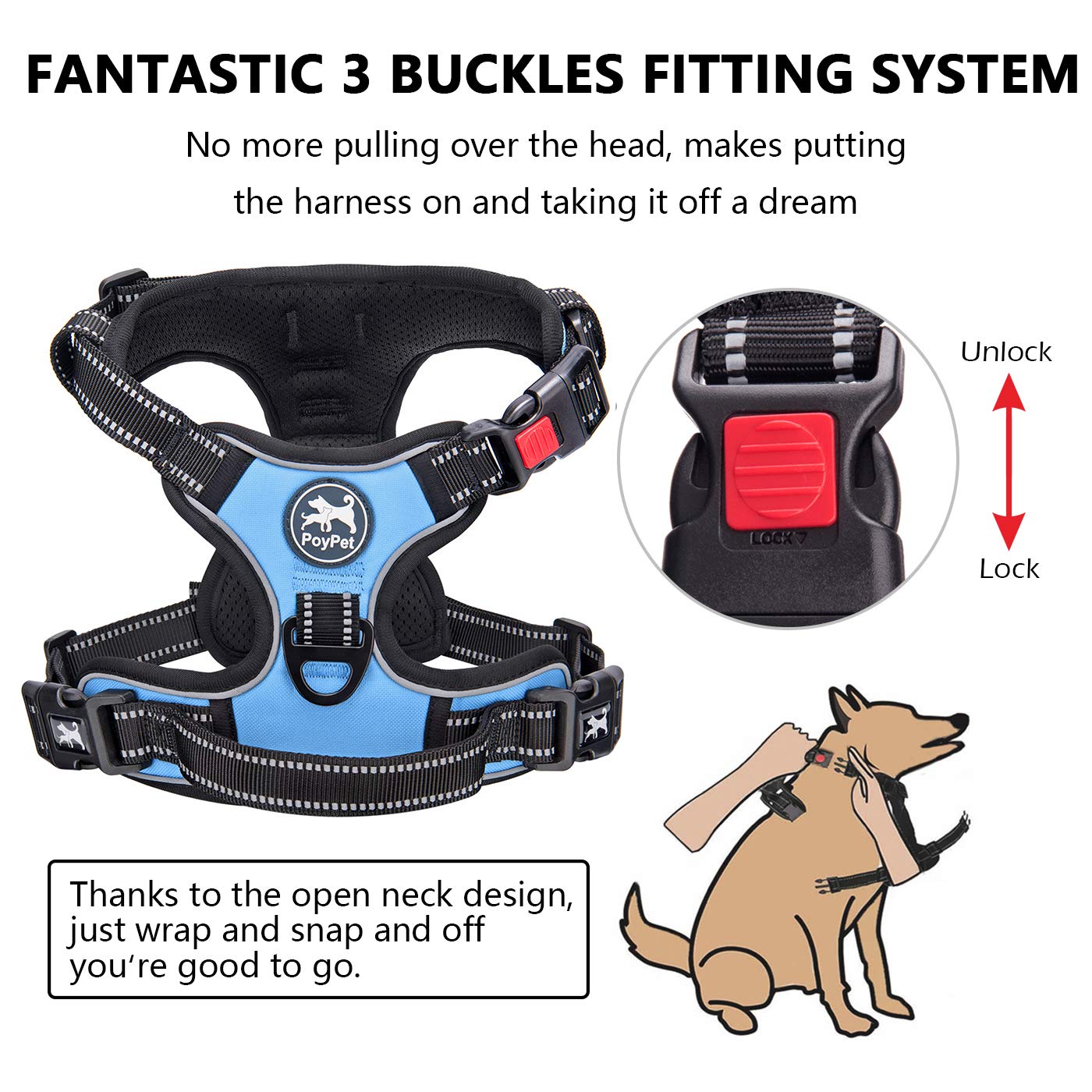 PoyPet No Pull Harness back clip for relaxed walking and loose leash