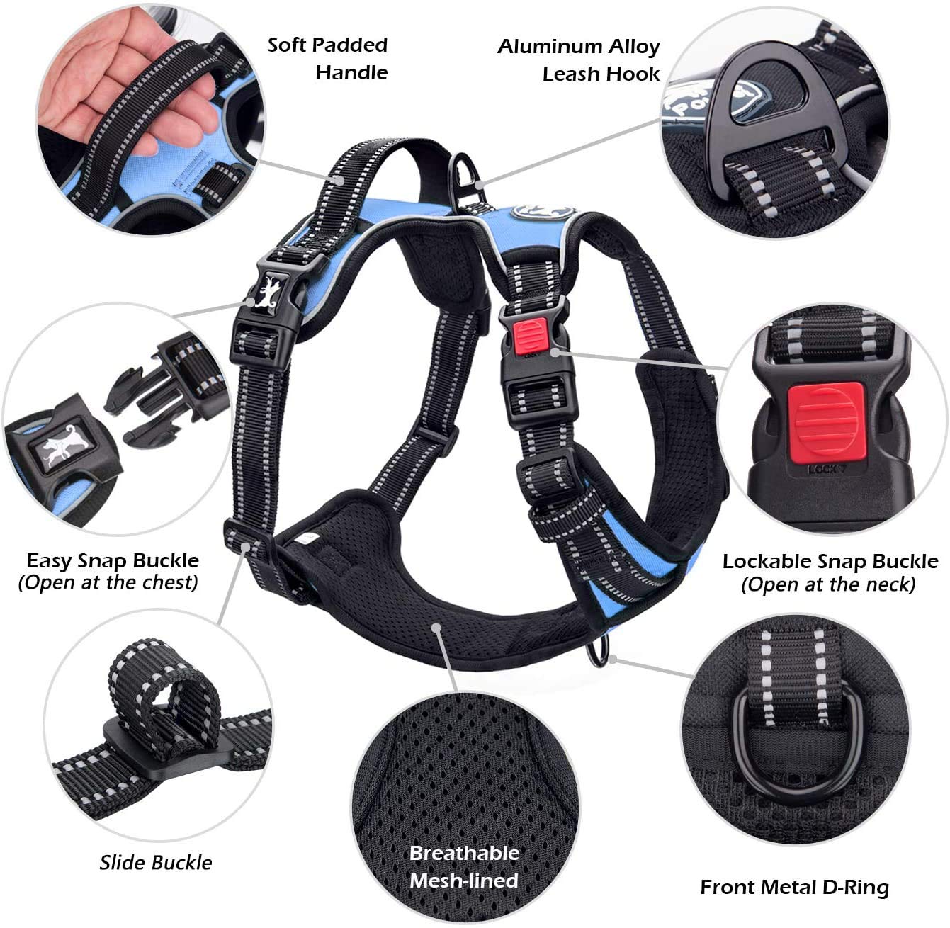 PoyPet No Pull Harness easy-on-off belly buckles and neckline snap