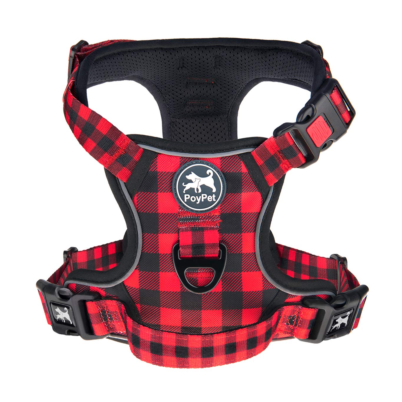 PoyPet no-pull harness front clip with reflective strips for safer evening walks.