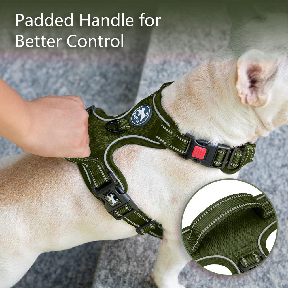 PoyPet No Pull Harness reflective strap boosts visibility during night-time strolls.