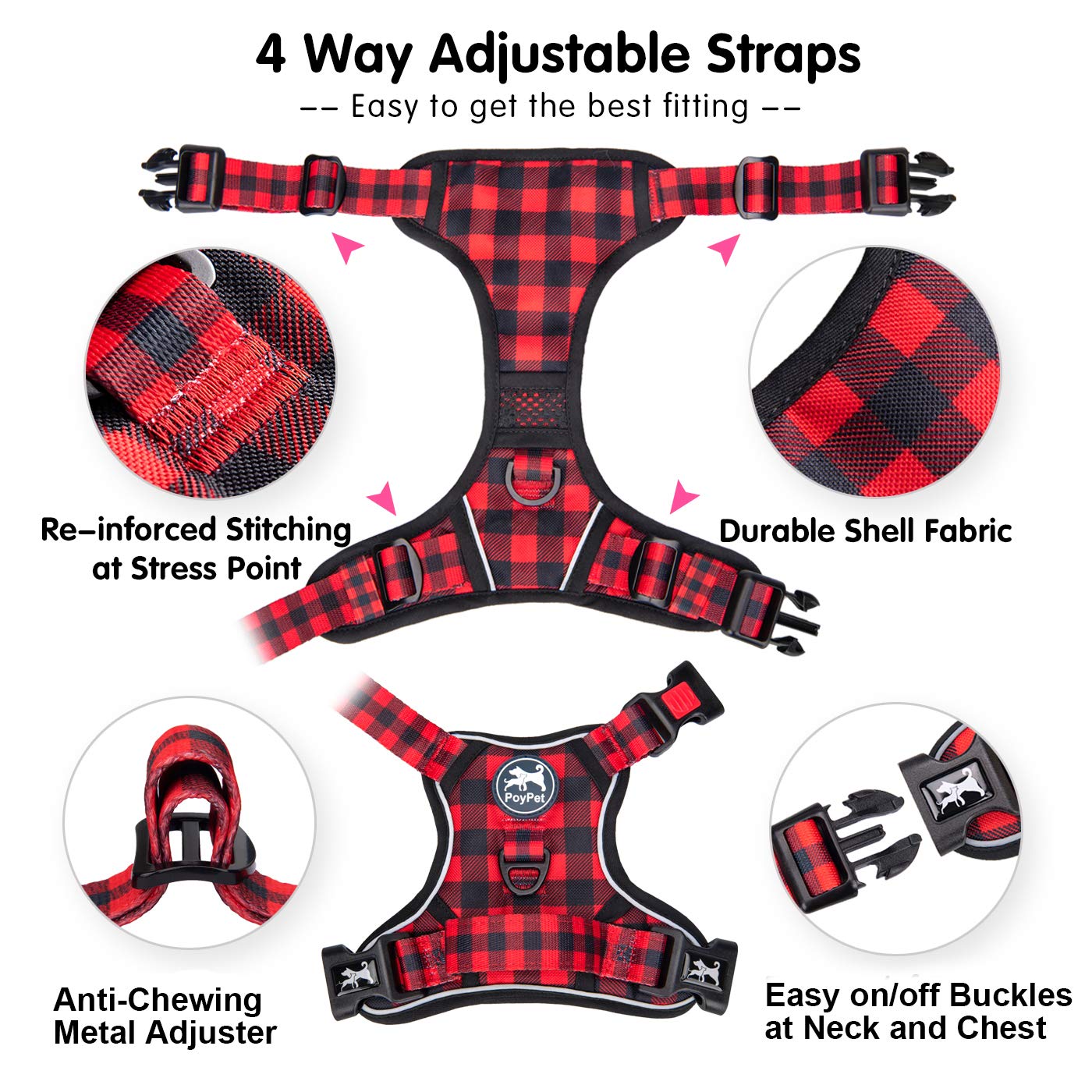 PoyPet plaid red harness closeup showcases breathable mesh and secure fit.