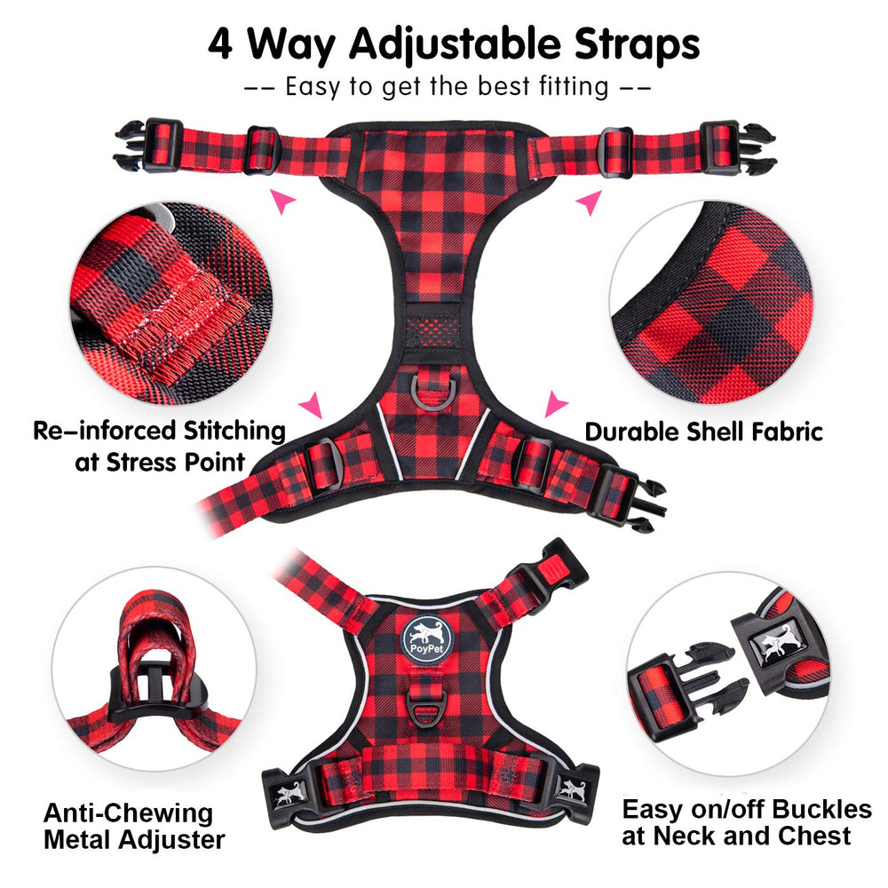 PoyPet plaid red harness closeup showcases breathable mesh and secure fit.
