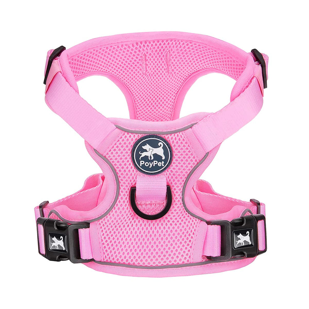 PoyPet reflective soft mesh harness in light pink improves evening visibility.