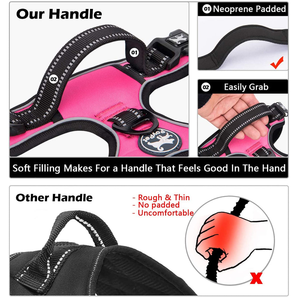 PoyPet reflective stitching on pink harness for better night visibility.