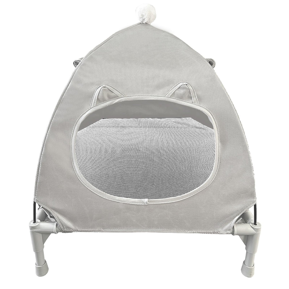 Pozico elevated pet bed gray-bed-with-canopy shows compact, raised design with shelter.