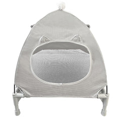 Pozico elevated pet bed gray-bed-with-canopy shows compact, raised design with shelter.