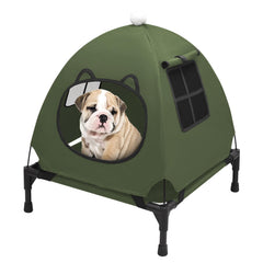 Pozico elevated pet bed in olive green shows sturdy frame and breathable fabric for small pets.