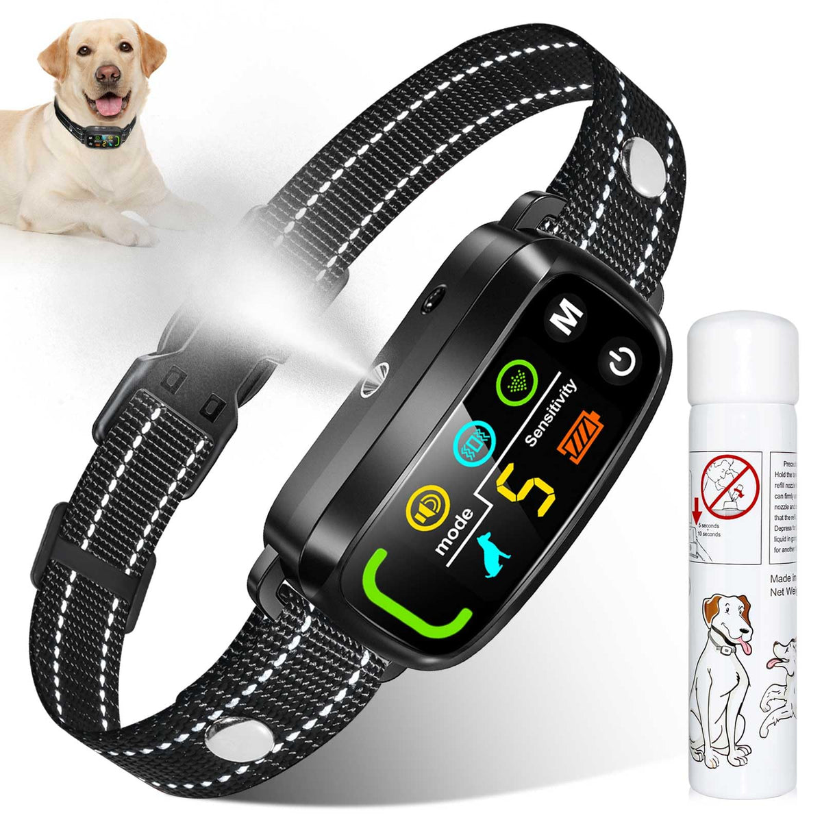 PQJDFX citronella bark collar front view for gentle bark control during daily walks.