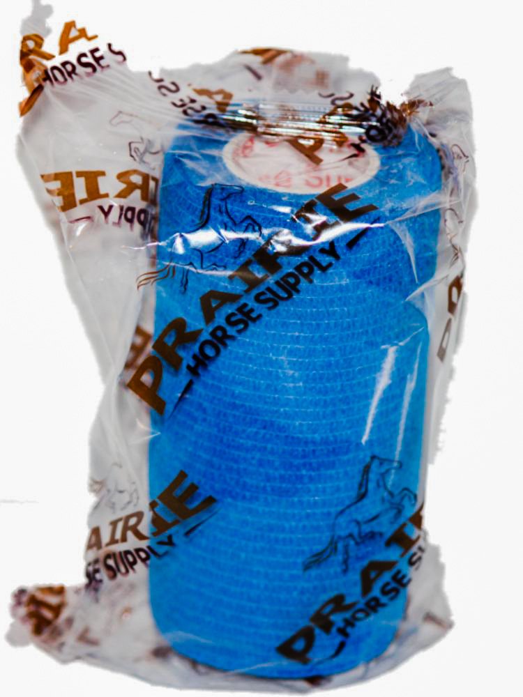 Prairie Horse Supply blue vet wrap wrapped around leg for protected bandaging.