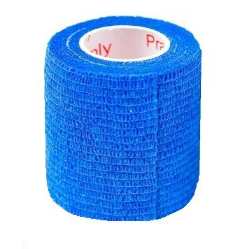 Prairie Horse Supply self-adhesive vet wrap blue shows easy adhesion.