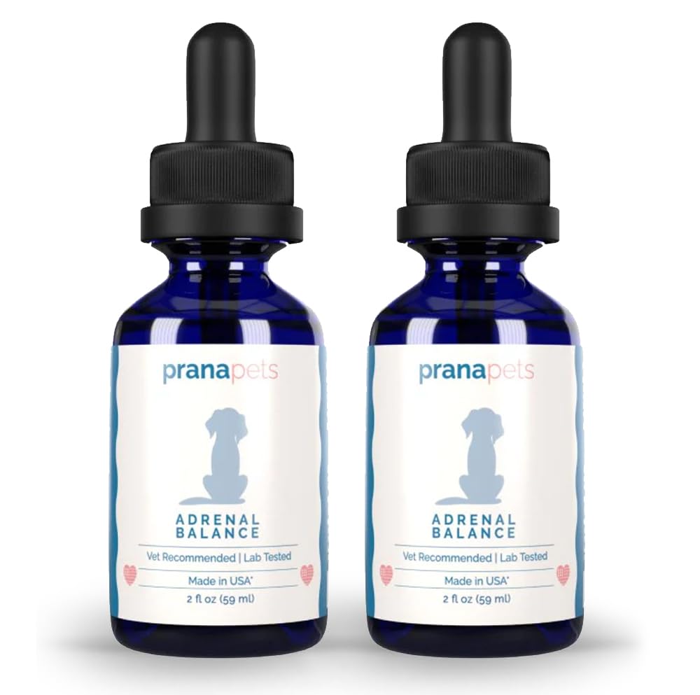 PranaPets Adrenal Balance bottle close-up, licorice-free blend supporting hormonal balance in dogs.