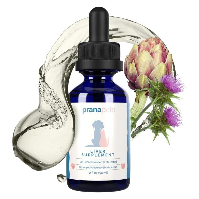PranaPets liver supplement drops prepared to be added to pet meals for gentle liver support.