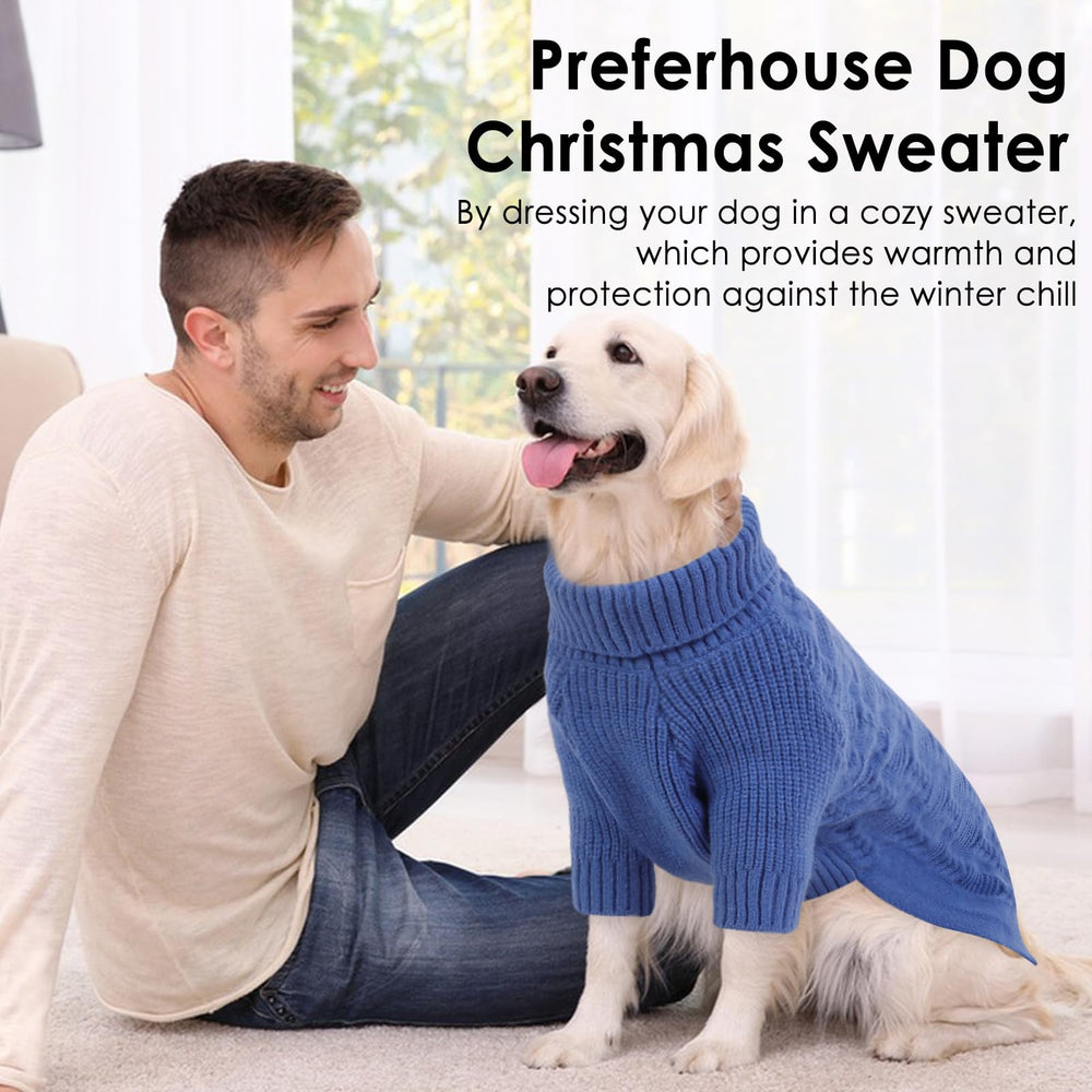 Preferhouse holiday-friendly blue sweater on dog for festive style.