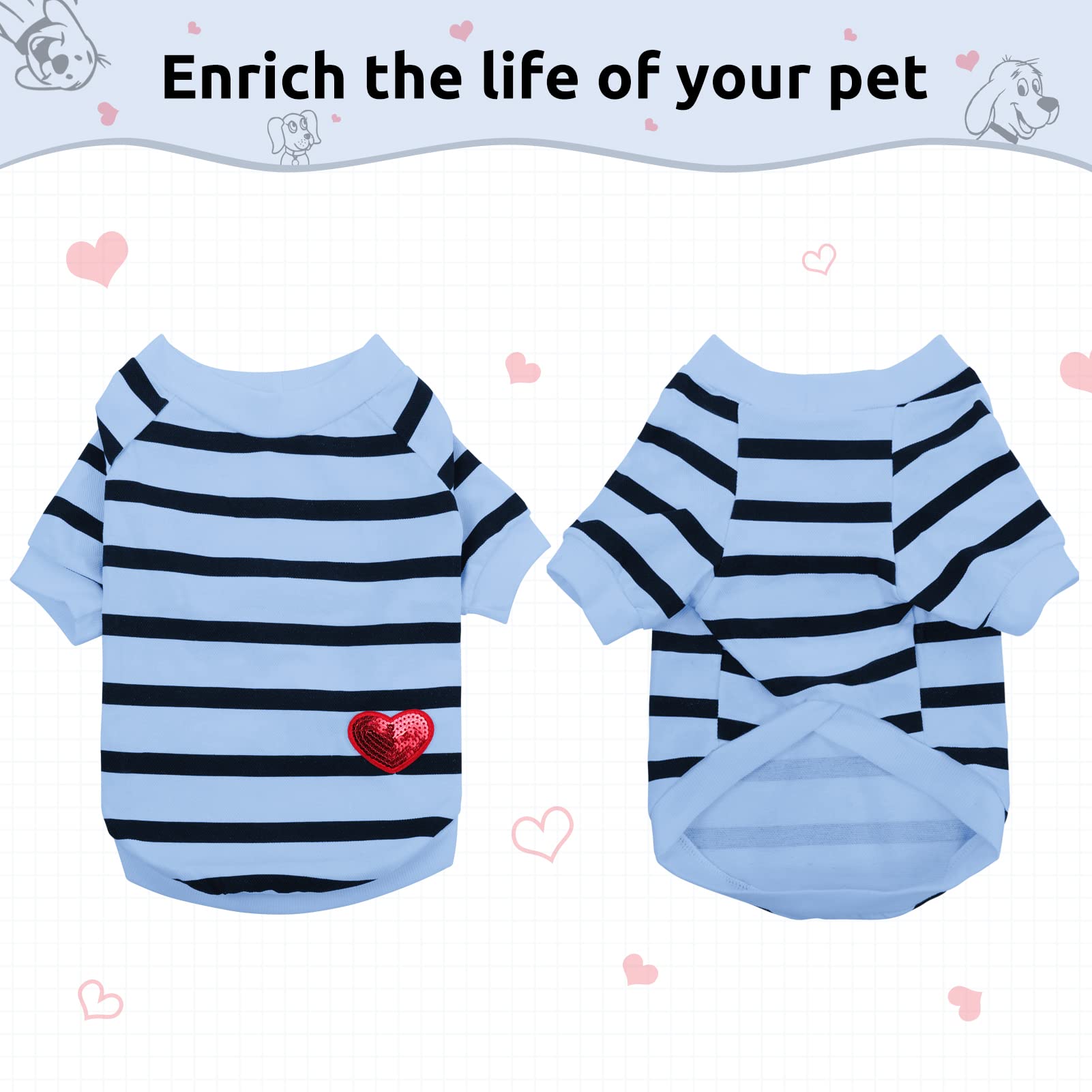 Preferhouse striped t-shirt size chart illustrates XS–XL fit options.