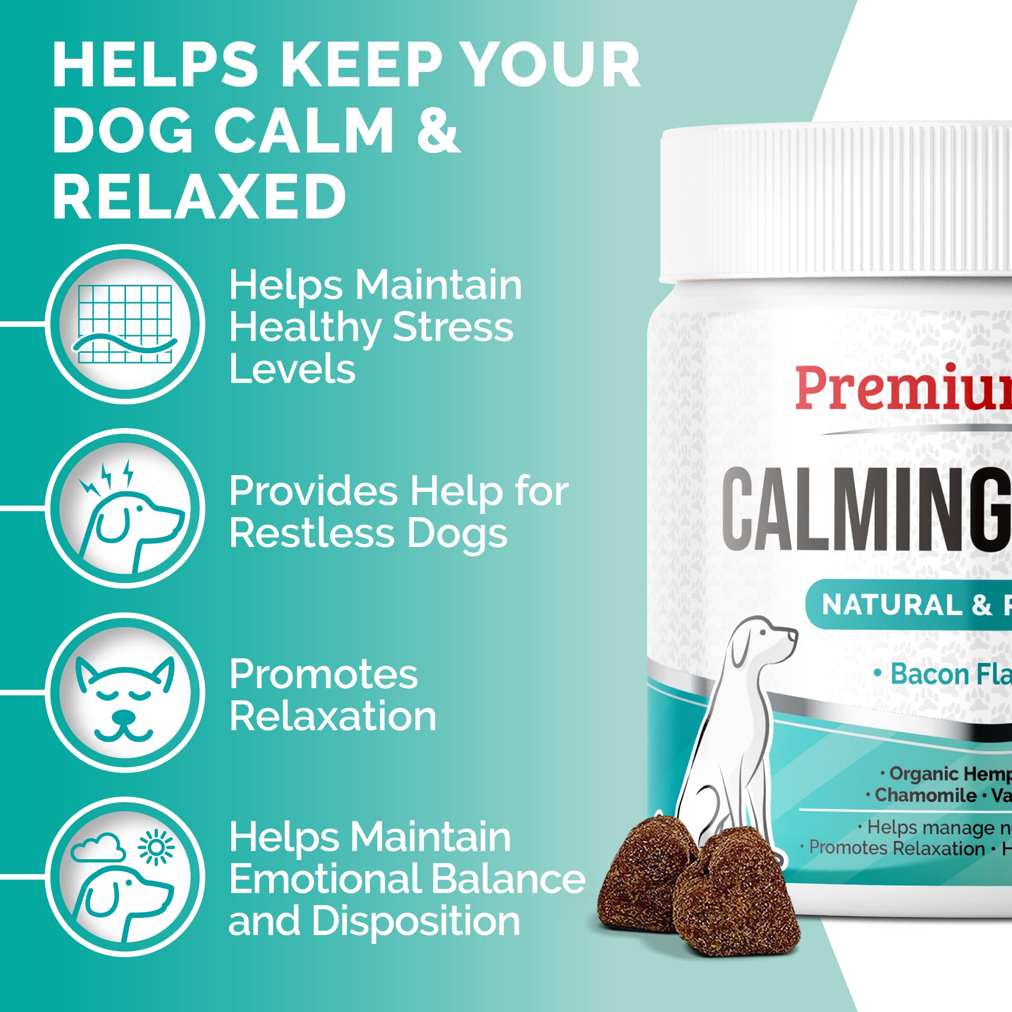 Premium Care Calming Chews bacon-flavored treats—savory calming for dogs