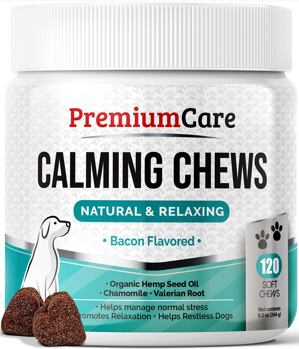 Premium Care Calming Chews bottle front—calm mood support for dogs
