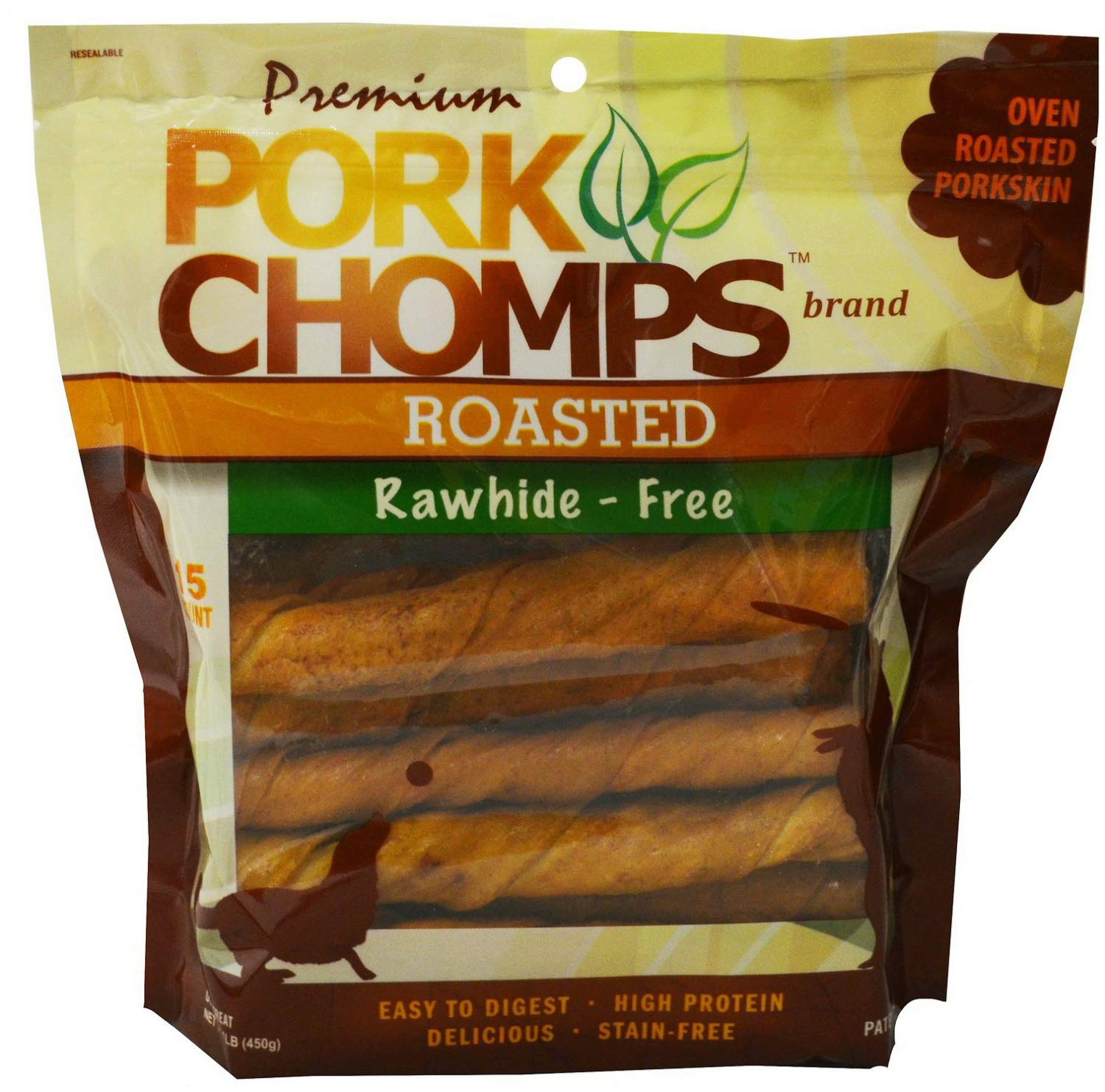 Premium Pork Chomps Roasted Twistz packaging highlights safe, long-lasting dog chew