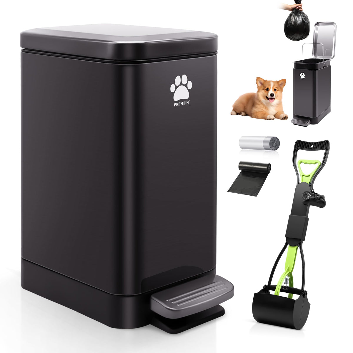 Premjin dog poop trash can outside with lid and step pedal reduces touch and odors.