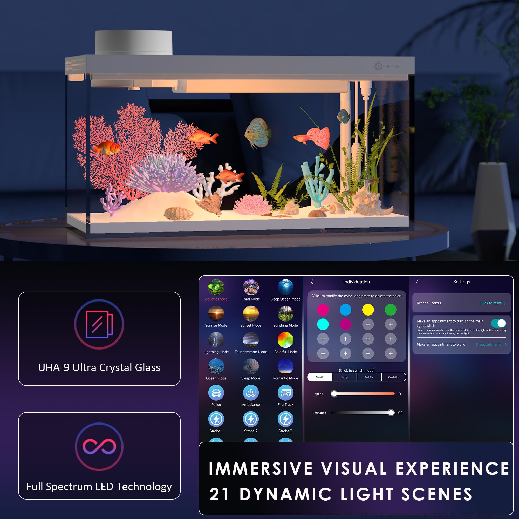 Premjin smart fish tank led-color-design showcases customizable scenes for mood and growth